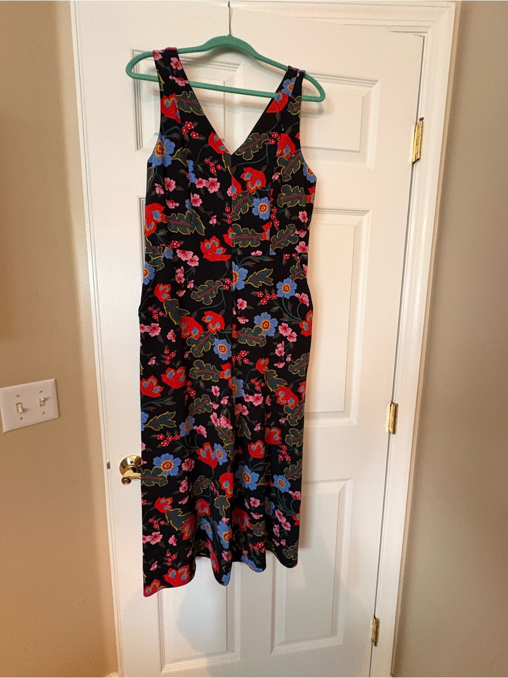 Ann Taylor Factory Black Floral Jumpsuit with Red, Blue and Pink Blooms